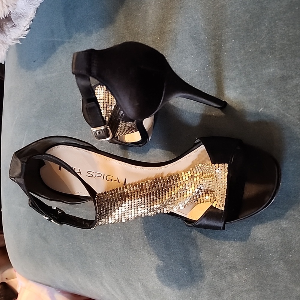 Via Spiga 7.5 black satin with gold chainmail heels.